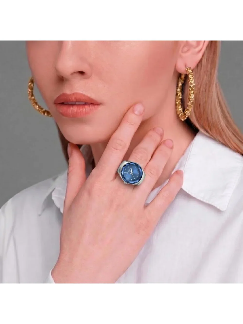Women's Silver /Deep Blue Adjustable Ring Quartz Analog Mini Dial Wrist Watches